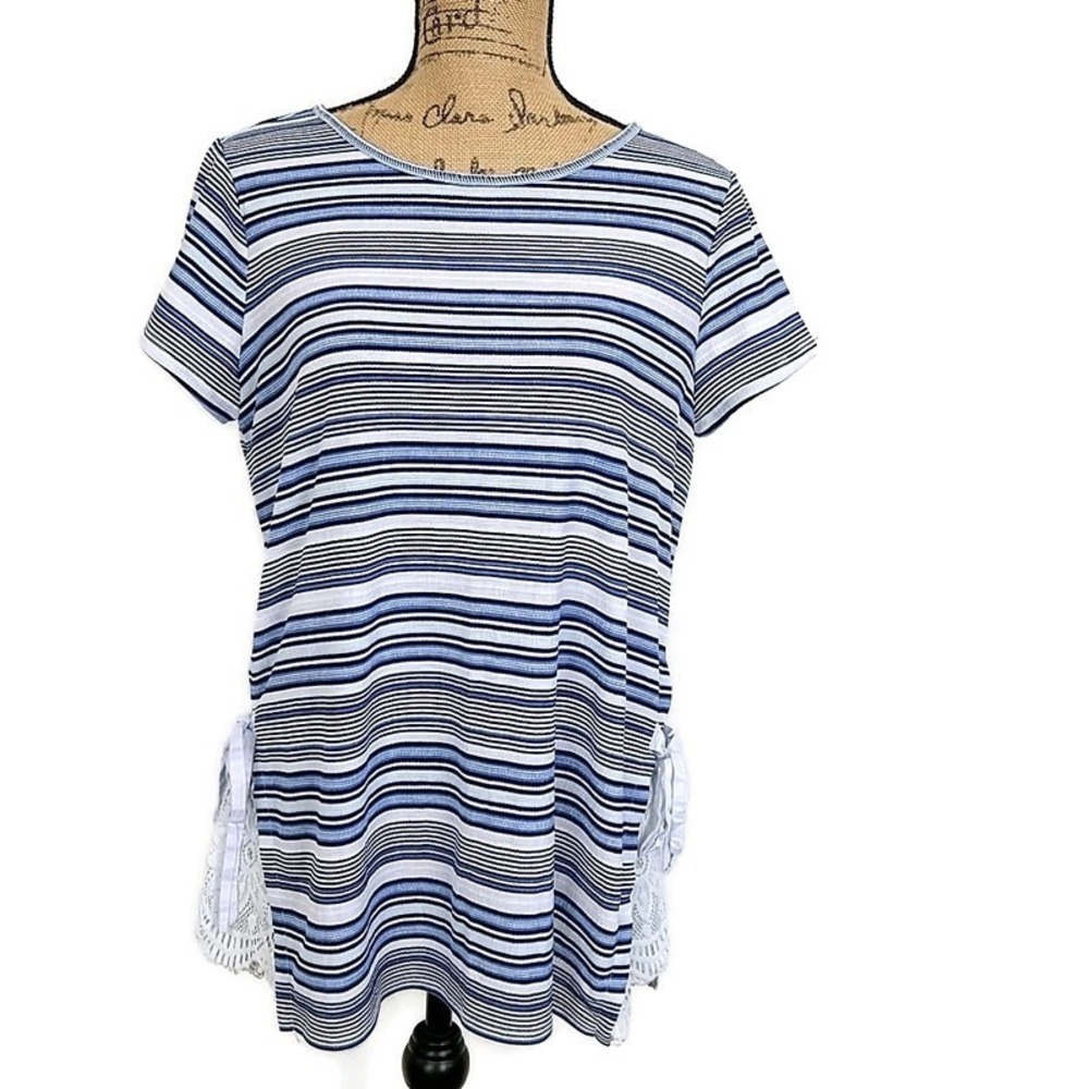 LC Lauren Conrad Top Women Medium Blue Striped Lace Side Tie Short‎ Sleeve Tee